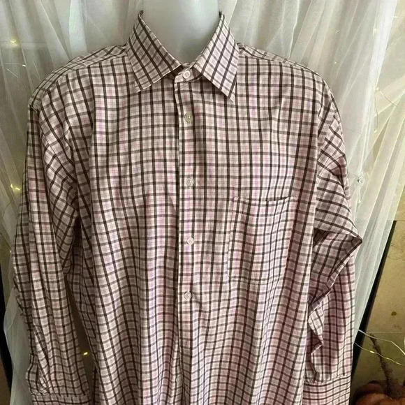 Lucasini Men’s Dress Shirt. Preowned. Size 17 (34-35). Brown & Pink. - Picture 1 of 6